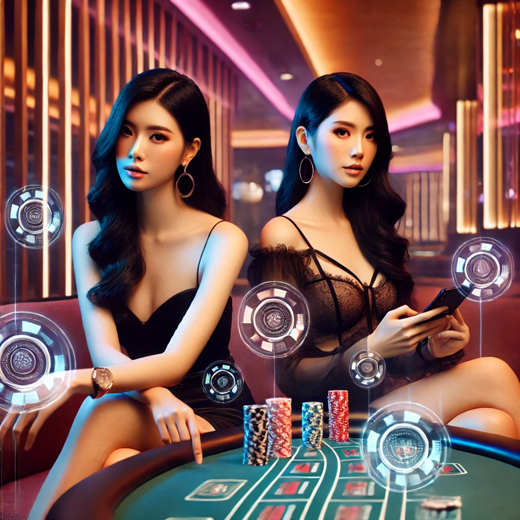 Two Singaporean women enjoying live dealer games online, luxury casino setting