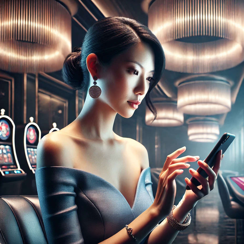 Sophisticated Singaporean woman signing up quickly for an online casino in a refined setting