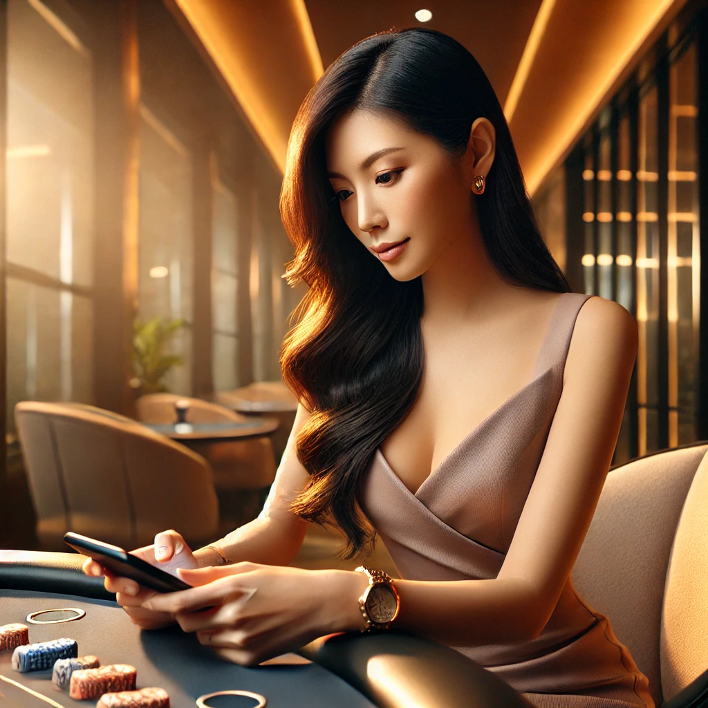 Singaporean women enjoying live dealer games online, luxury casino setting