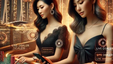 Singaporean woman playing live dealer game online, luxurious casino experience 2024