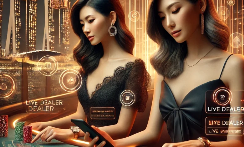 Singaporean woman playing live dealer game online, luxurious casino experience 2024