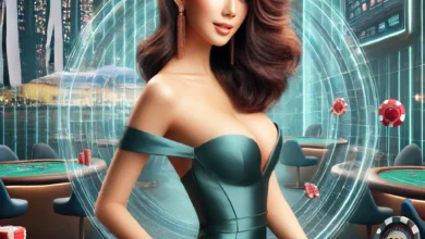 An elegant Singaporean woman in a high-stakes casino scene, exuding confidence among vibrant casino elements.