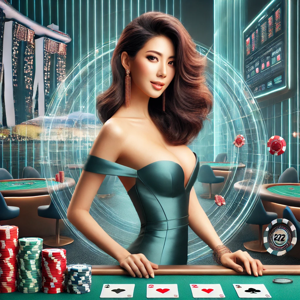 An elegant Singaporean woman in a high-stakes casino scene, exuding confidence among vibrant casino elements.