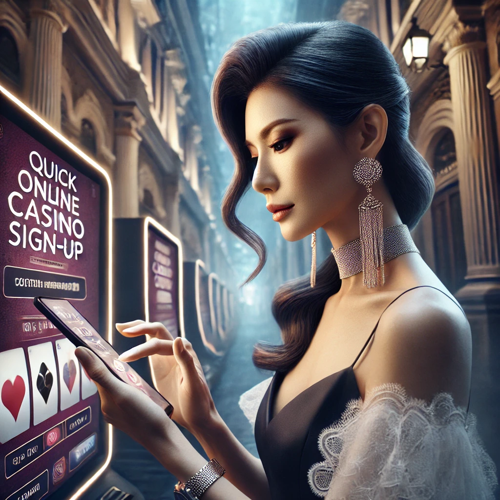 Singaporean woman creatively engaged in an online casino sign-up with subtle high-tech elements