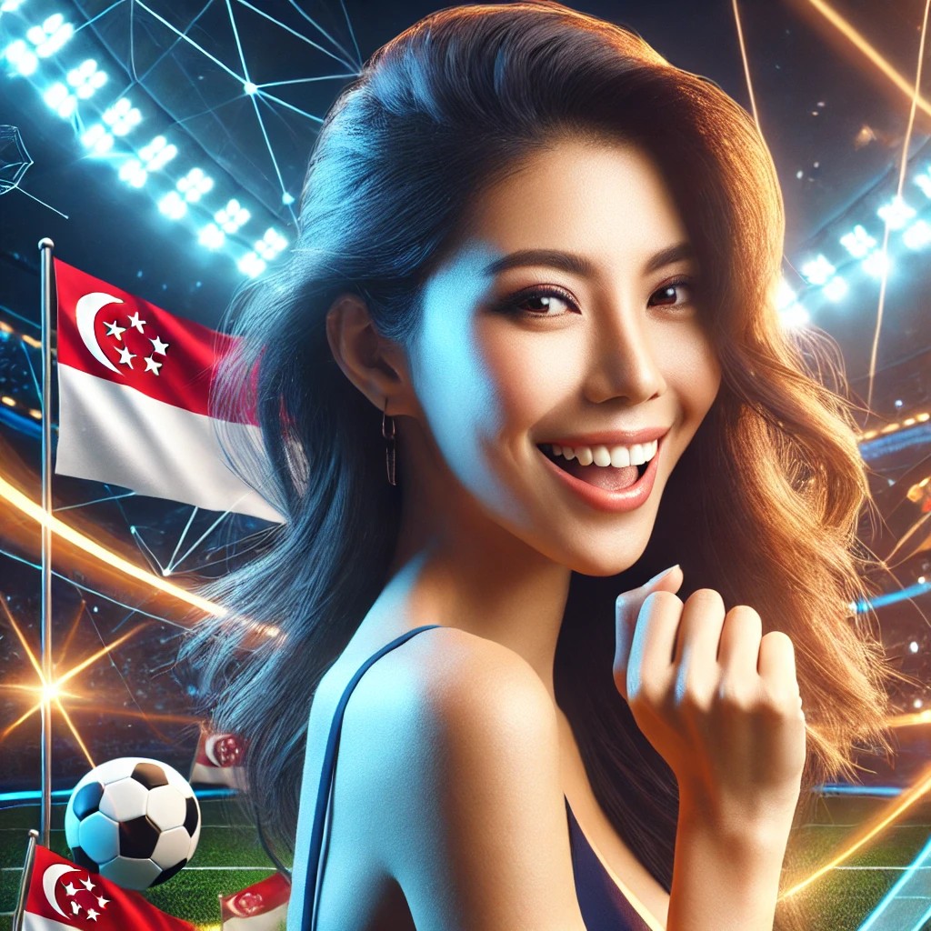 A stylish Singaporean woman in a vibrant sports betting background, featuring dynamic lighting, scoreboards, and subtle sports symbols