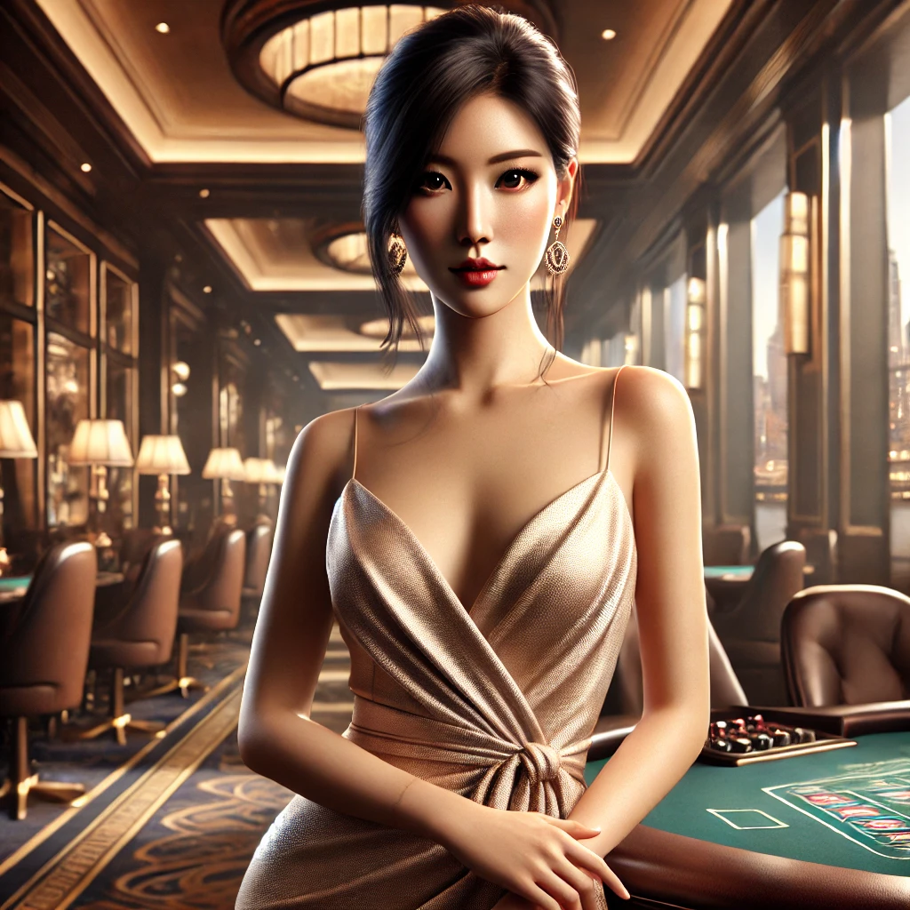 Sophisticated Asian woman dressed in high-end outfit, with a dynamic casino background subtly incorporating Singaporean landmarks