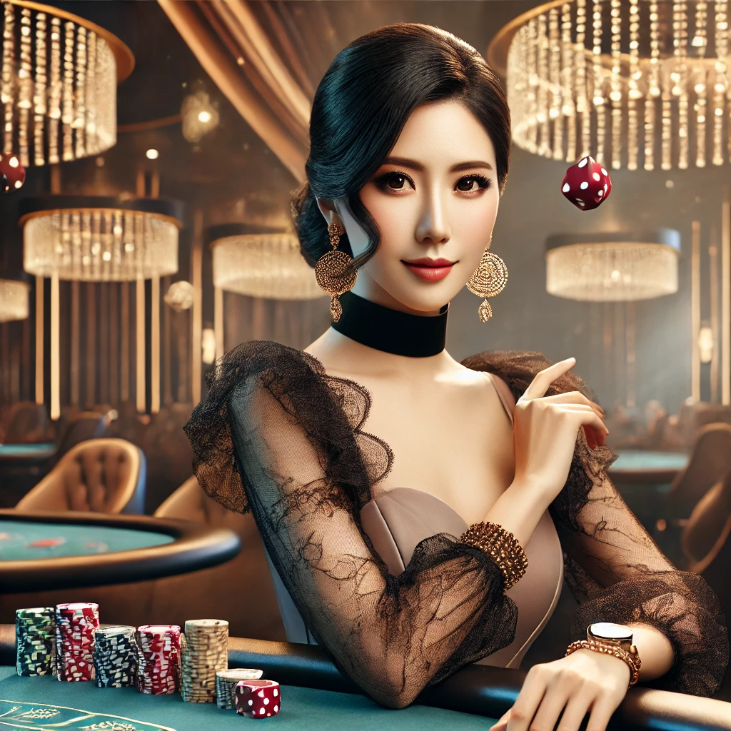 A confident Singaporean woman in a luxury casino environment, surrounded by vibrant elements of a high-stakes game.