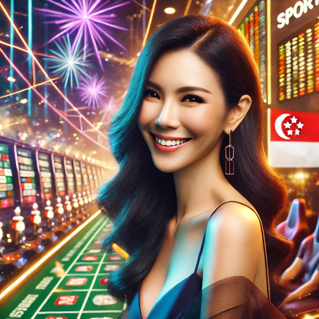 A confident Singaporean woman in a dynamic sports betting scene, surrounded by vibrant background elements hinting at a sports setting